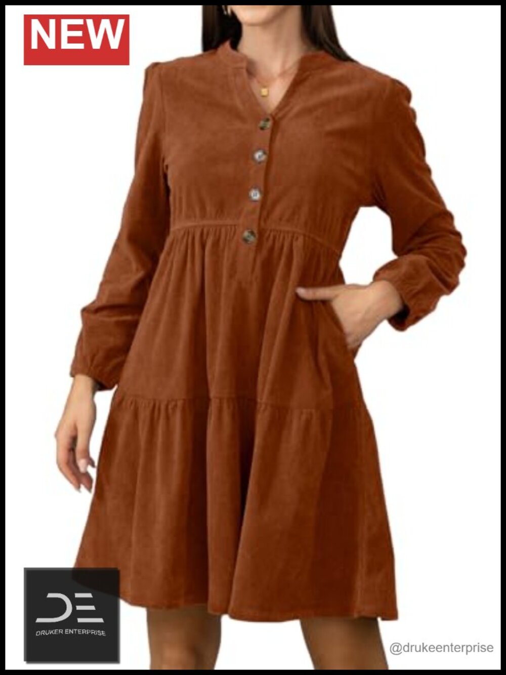 Women's Corduroy Long Sleeve V-Neck Above Knee Work Dress with Pockets